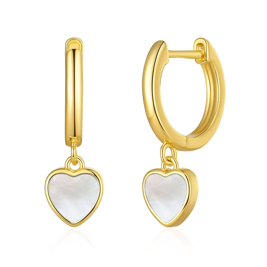 18k Gold Plated Mother of Pearl Gemstone Heart Charm Hoop Earrings - Philip Jones Jewellery