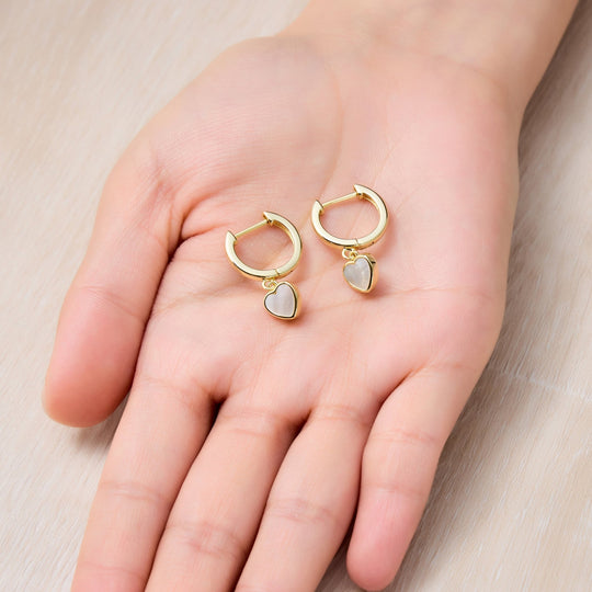 18k Gold Plated Mother of Pearl Gemstone Heart Charm Hoop Earrings - Philip Jones Jewellery
