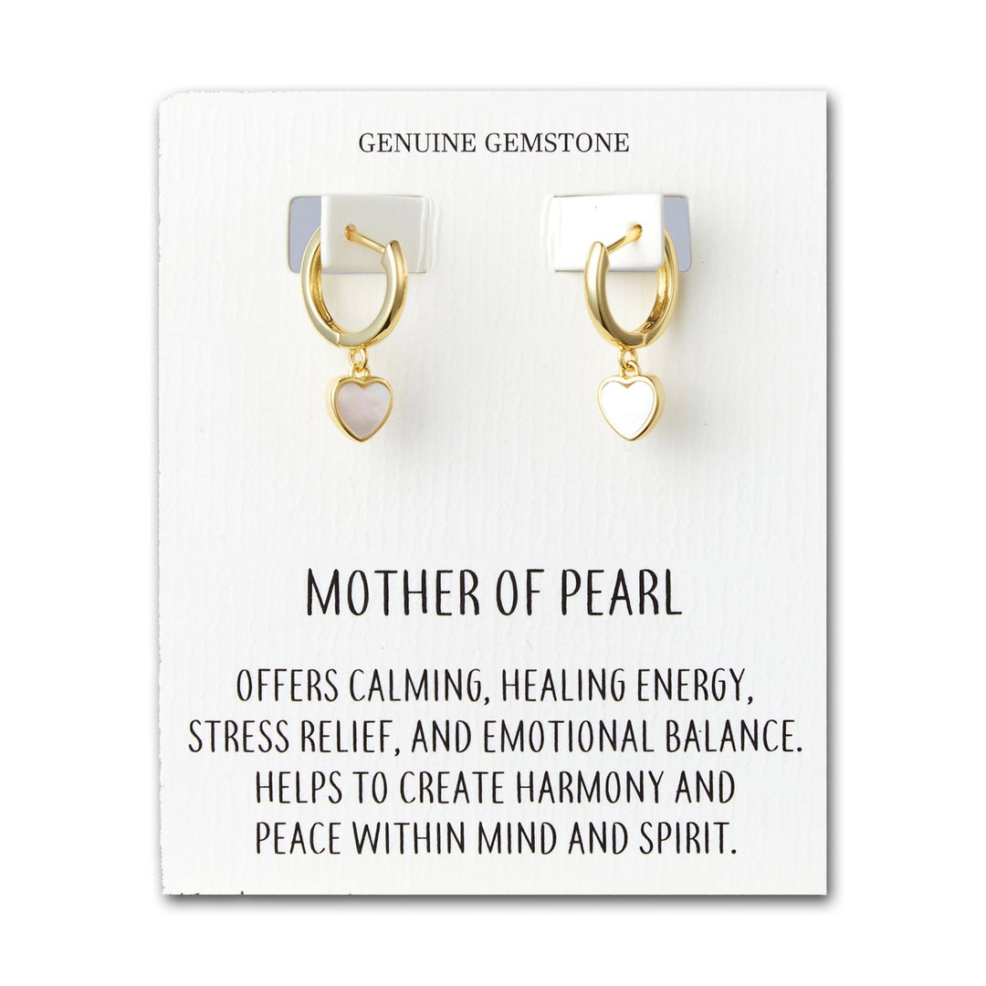 18k Gold Plated Mother of Pearl Gemstone Heart Charm Hoop Earrings with Quote Card - Philip Jones Jewellery