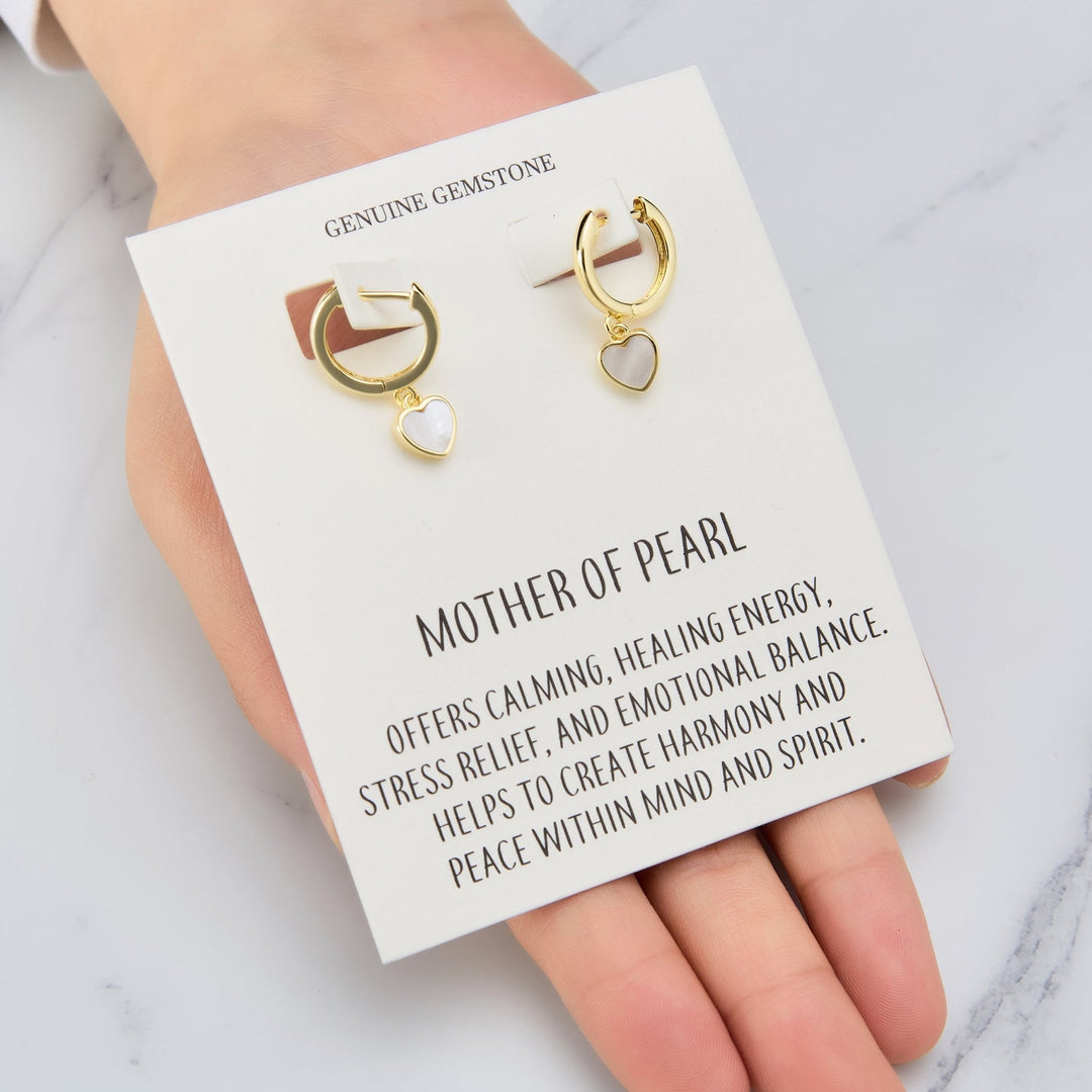 18k Gold Plated Mother of Pearl Gemstone Heart Charm Hoop Earrings with Quote Card - Philip Jones Jewellery