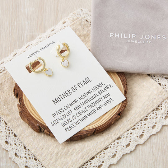 18k Gold Plated Mother of Pearl Gemstone Heart Charm Hoop Earrings with Quote Card - Philip Jones Jewellery