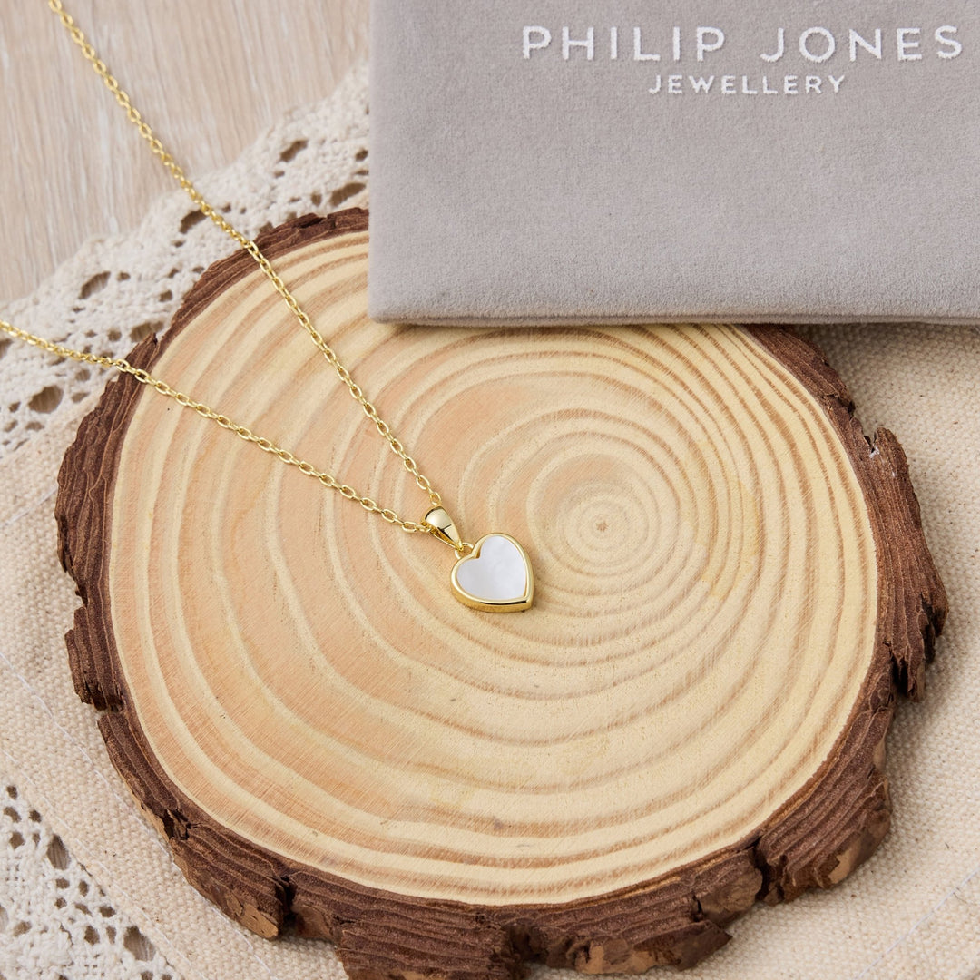18k Gold Plated Mother of Pearl Gemstone Heart Necklace - Philip Jones Jewellery