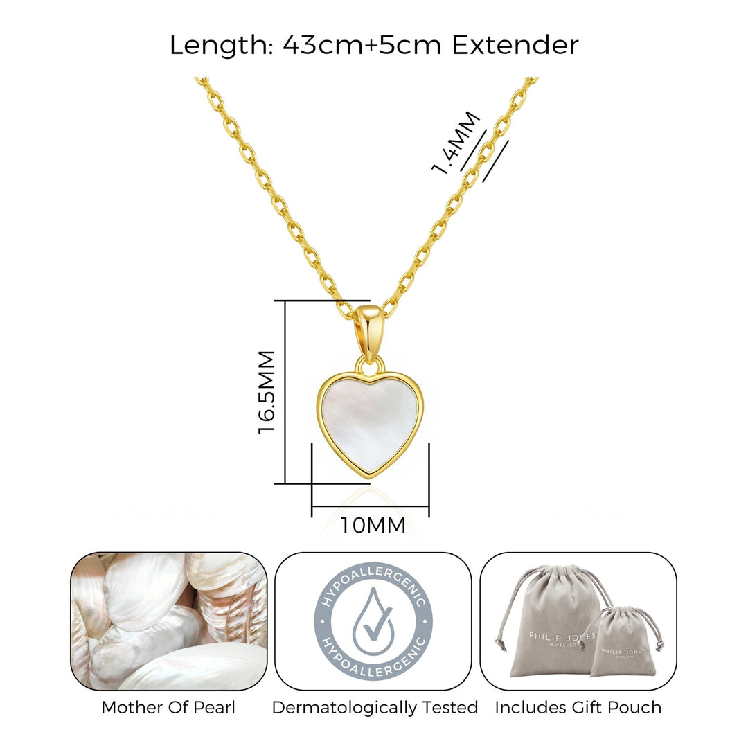 18k Gold Plated Mother of Pearl Gemstone Heart Necklace - Philip Jones Jewellery