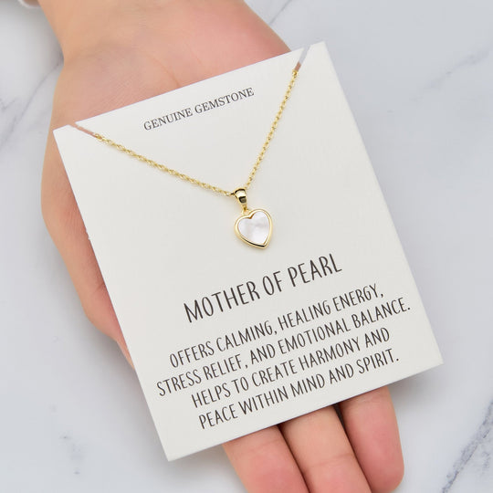 18k Gold Plated Mother of Pearl Gemstone Heart Necklace with Quote Card - Philip Jones Jewellery