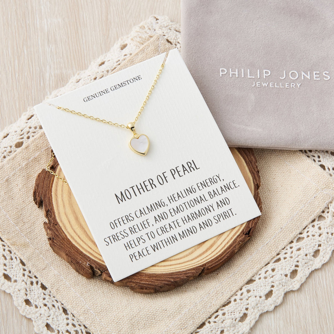 18k Gold Plated Mother of Pearl Gemstone Heart Necklace with Quote Card - Philip Jones Jewellery