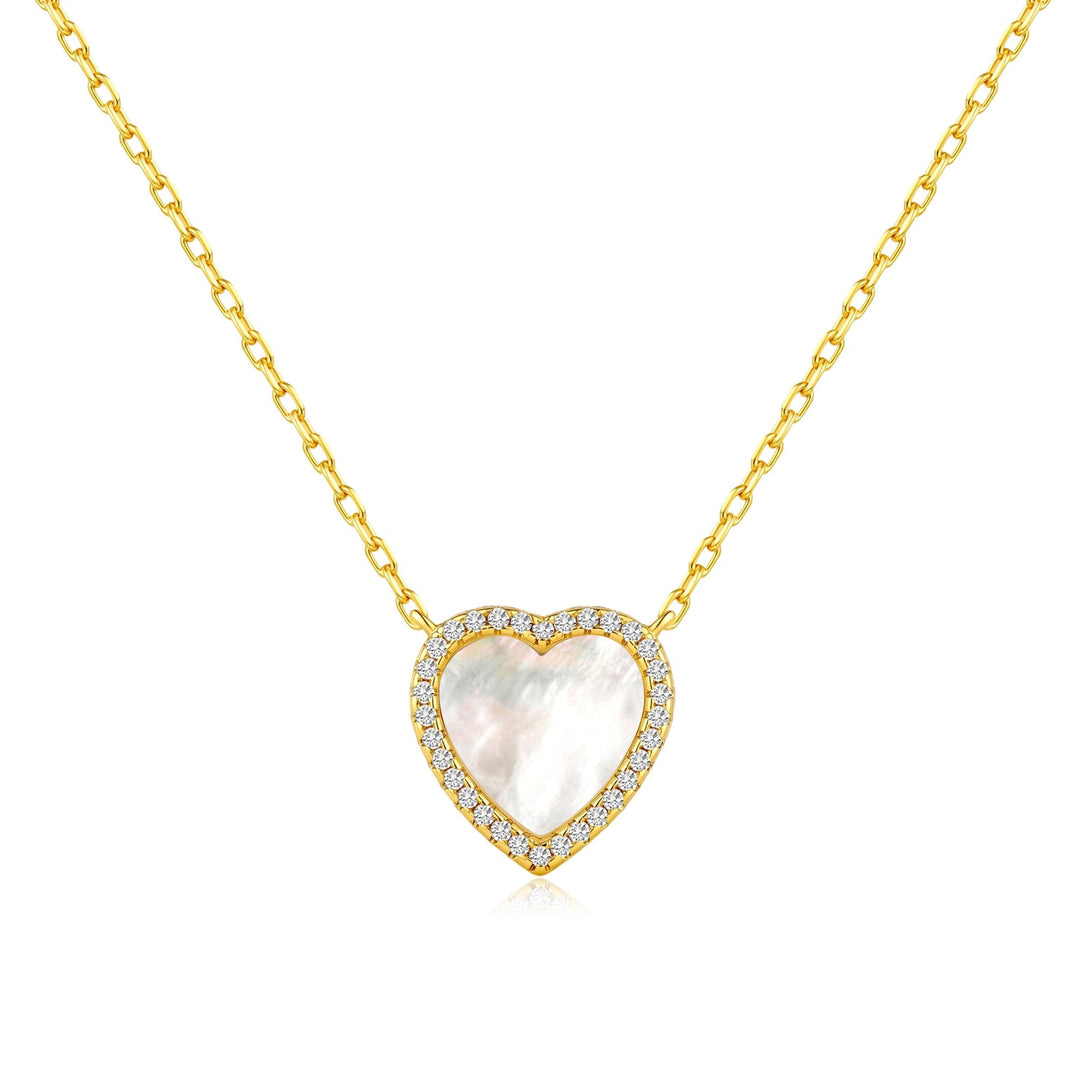 18k Gold Plated Mother of Pearl Gemstone Heart Necklace with Zircondia® Crystals - Philip Jones Jewellery