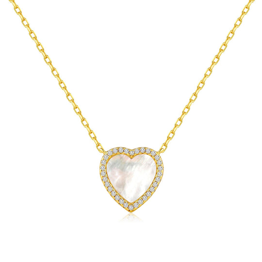 18k Gold Plated Mother of Pearl Gemstone Heart Necklace with Zircondia® Crystals - Philip Jones Jewellery