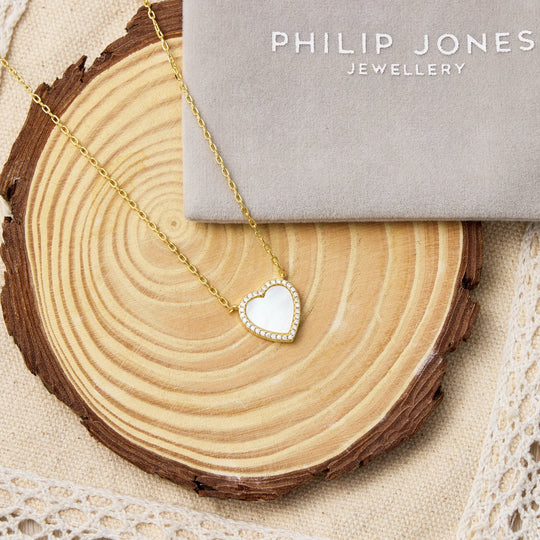 18k Gold Plated Mother of Pearl Gemstone Heart Necklace with Zircondia® Crystals