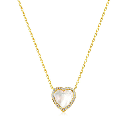 18k Gold Plated Mother of Pearl Gemstone Heart Necklace with Zircondia® Crystals