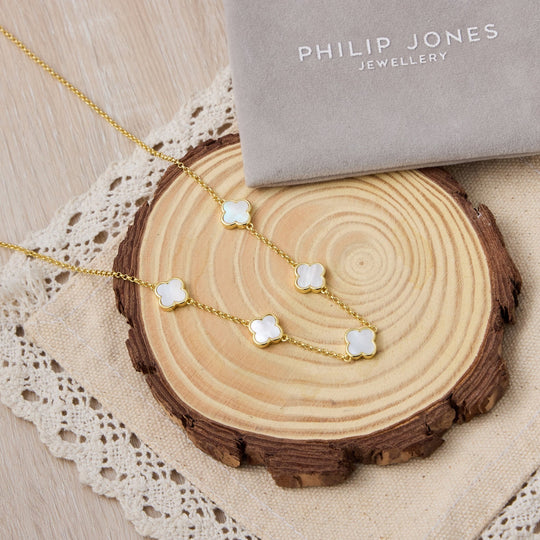 18k Gold Plated Mother of Pearl Gemstone Multi Clover Necklace - Philip Jones Jewellery