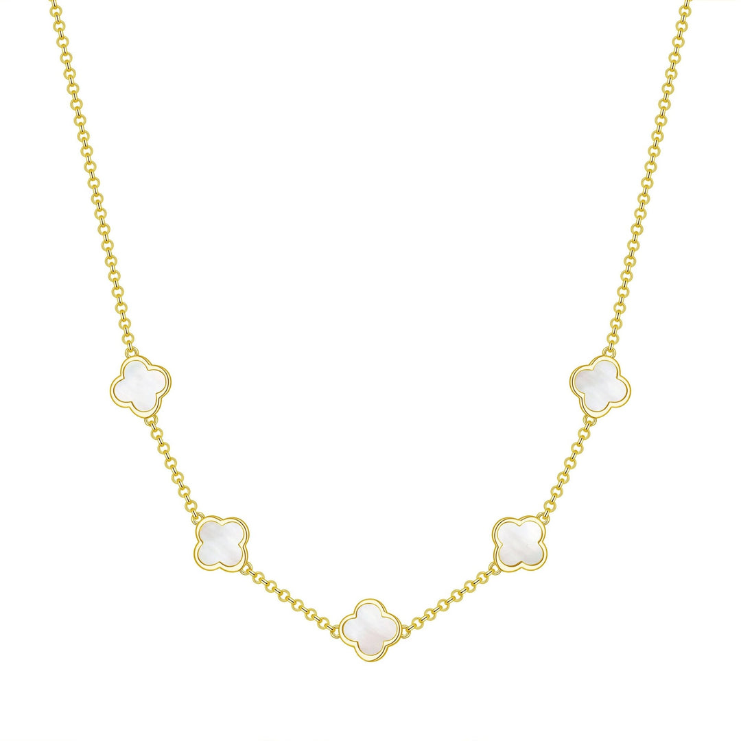 18k Gold Plated Mother of Pearl Gemstone Multi Clover Necklace - Philip Jones Jewellery