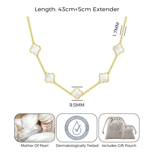 18k Gold Plated Mother of Pearl Gemstone Multi Clover Necklace - Philip Jones Jewellery