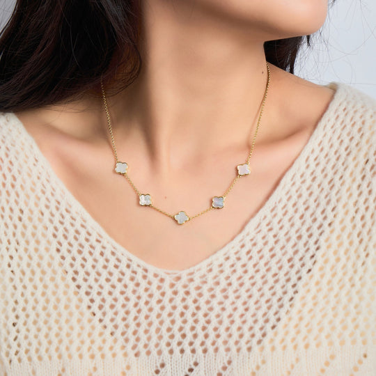 18k Gold Plated Mother of Pearl Gemstone Multi Clover Necklace - Philip Jones Jewellery