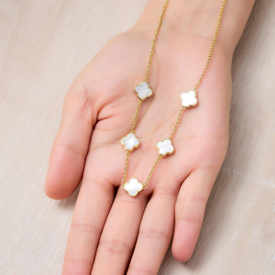 18k Gold Plated Mother of Pearl Gemstone Multi Clover Necklace - Philip Jones Jewellery