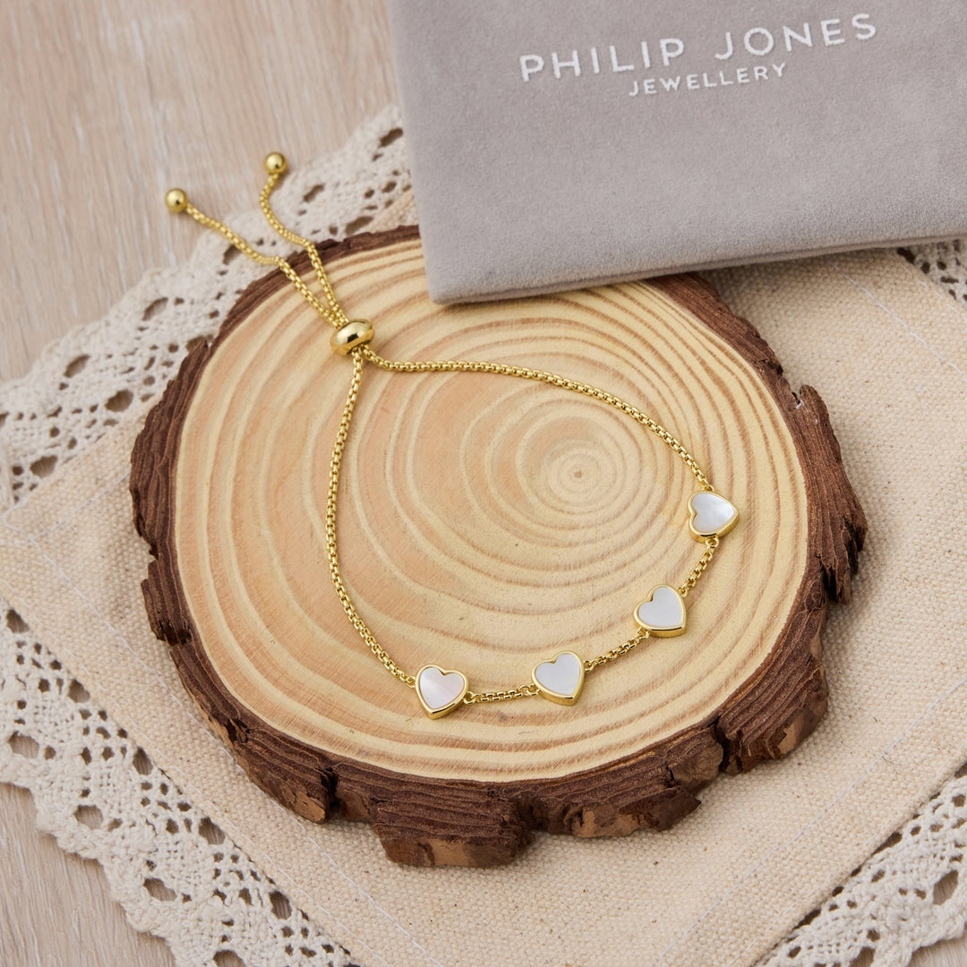 18k Gold Plated Mother of Pearl Gemstone Multi Heart Friendship Slider Bracelet - Philip Jones Jewellery