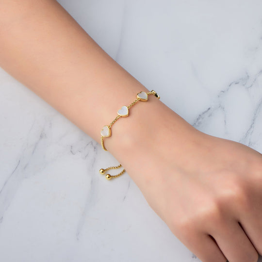 18k Gold Plated Mother of Pearl Gemstone Multi Heart Friendship Slider Bracelet - Philip Jones Jewellery