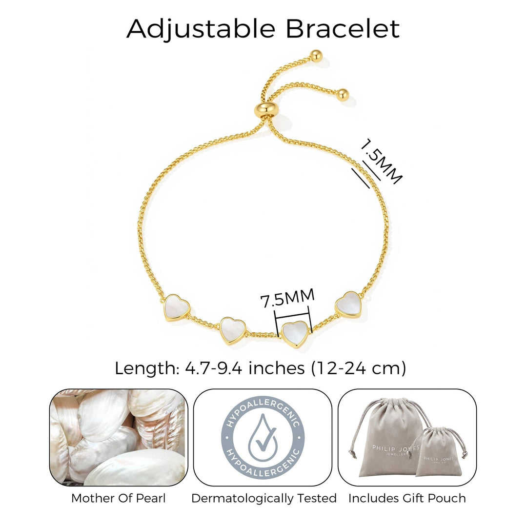 18k Gold Plated Mother of Pearl Gemstone Multi Heart Friendship Slider Bracelet - Philip Jones Jewellery