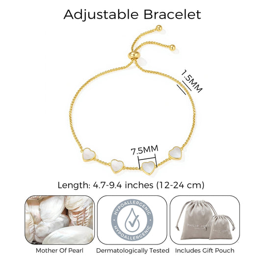 18k Gold Plated Mother of Pearl Gemstone Multi Heart Friendship Slider Bracelet - Philip Jones Jewellery