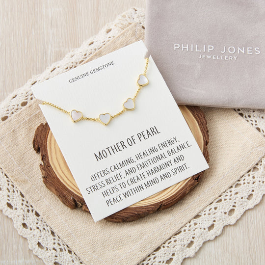 18k Gold Plated Mother of Pearl Gemstone Multi Heart Friendship Slider Bracelet with Quote Card - Philip Jones Jewellery