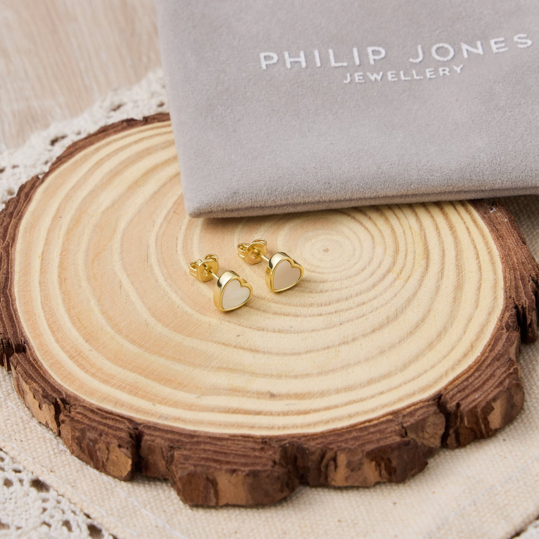 18k Gold Plated Mother of Pearl Heart Stud Earrings - Philip Jones Jewellery