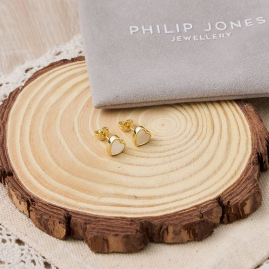 18k Gold Plated Mother of Pearl Heart Stud Earrings - Philip Jones Jewellery