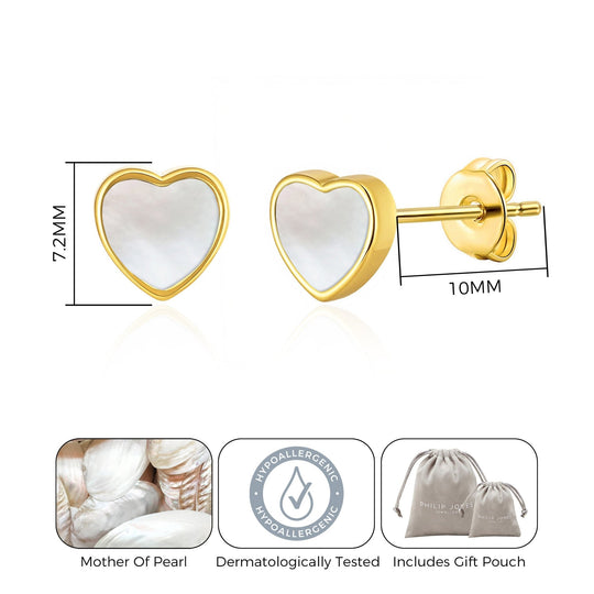 18k Gold Plated Mother of Pearl Heart Stud Earrings - Philip Jones Jewellery