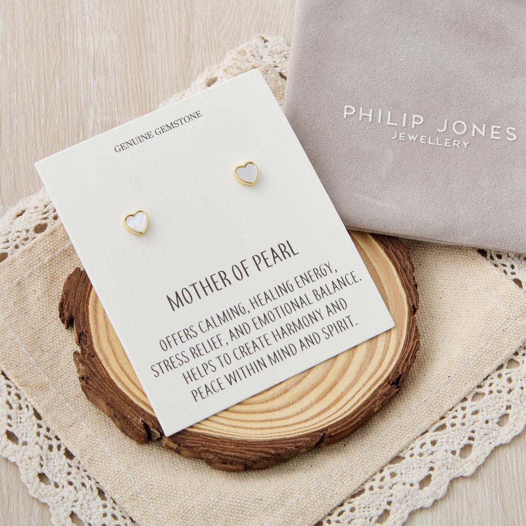 18k Gold Plated Mother of Pearl Heart Stud Earrings with Quote Card - Philip Jones Jewellery