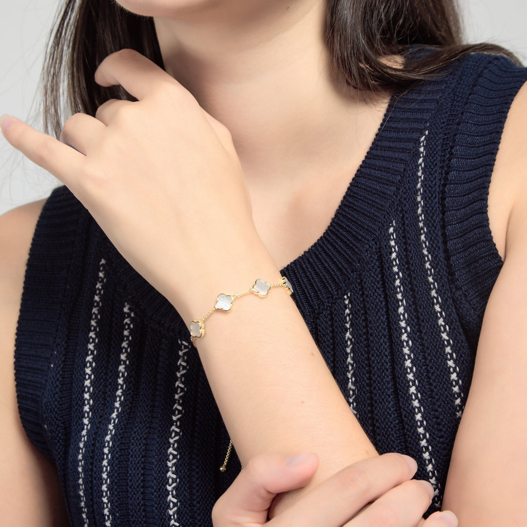 18k Gold Plated Mother Of Pearl Multi Clover Friendship Slider Bracelet