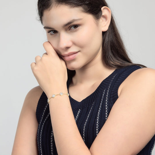 18k Gold Plated Mother Of Pearl Multi Clover Friendship Slider Bracelet