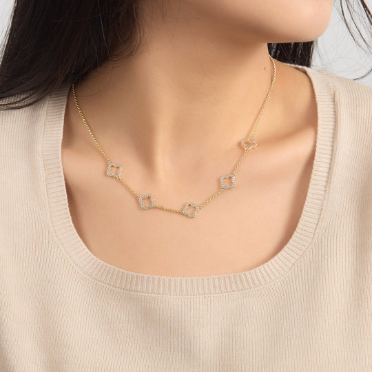 18k Gold Plated Multi Clover Necklace Created with Zircondia® Crystals - Philip Jones Jewellery