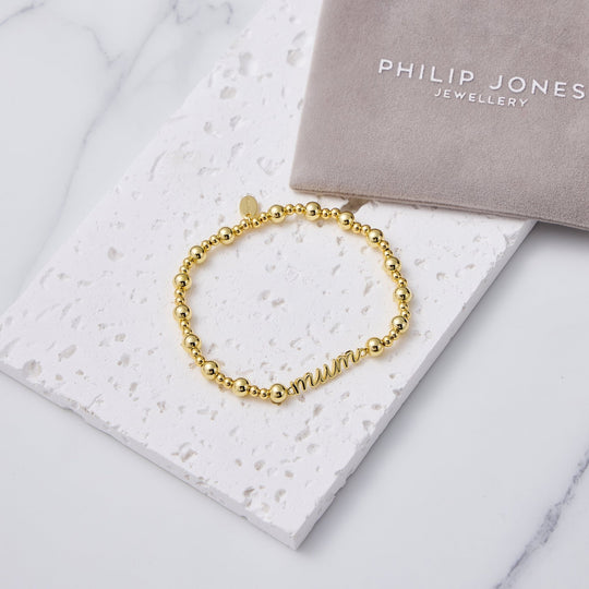 18k Gold Plated Mum Beaded Stretch Bracelet - Philip Jones Jewellery
