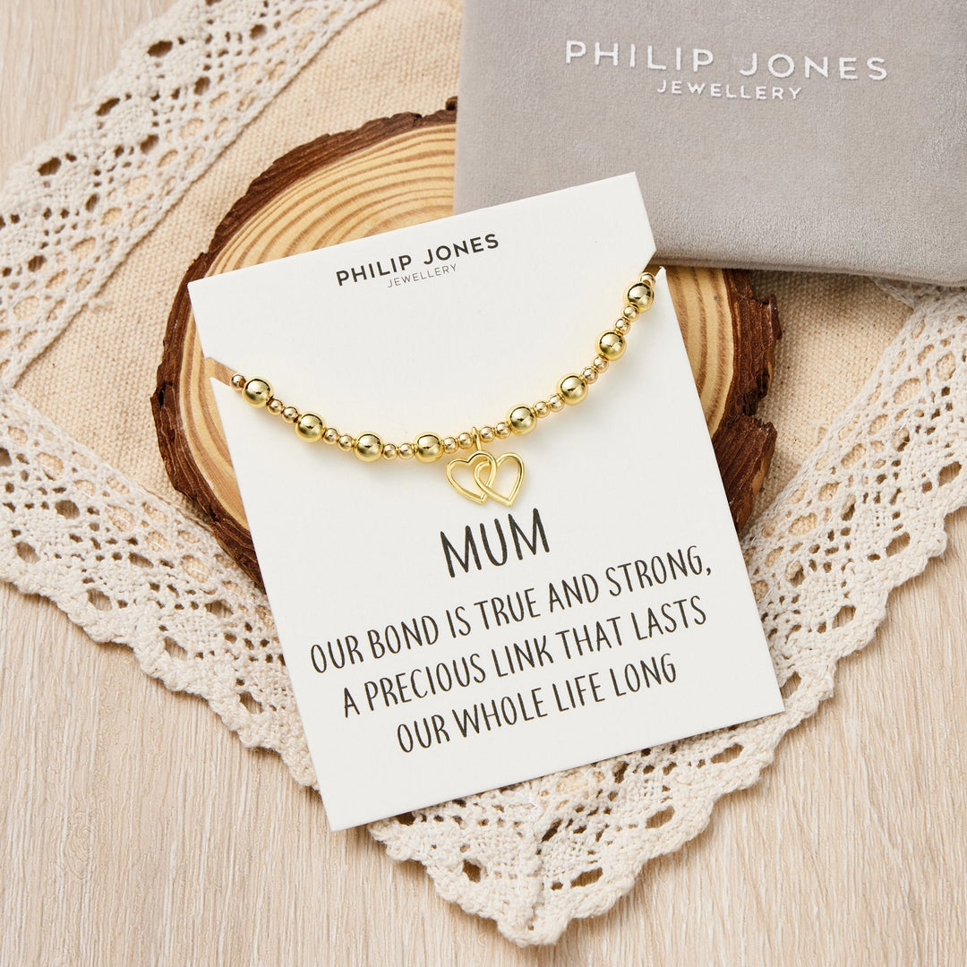 18k Gold Plated Mum Heart Link Beaded Stretch Bracelet with Quote Card
