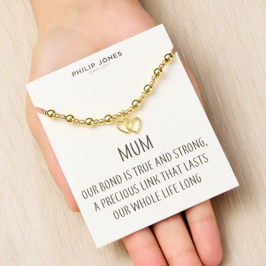 18k Gold Plated Mum Heart Link Beaded Stretch Bracelet with Quote Card