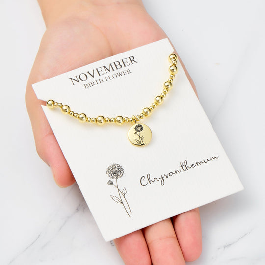 18k Gold Plated November Birth Flower Chrysanthemum Beaded Stretch Bracelet with Card
