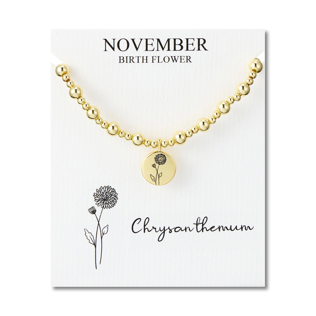 18k Gold Plated November Birth Flower Chrysanthemum Beaded Stretch Bracelet with Card - Philip Jones