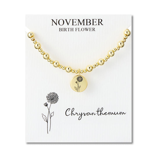 18k Gold Plated November Birth Flower Chrysanthemum Beaded Stretch Bracelet with Card - Philip Jones