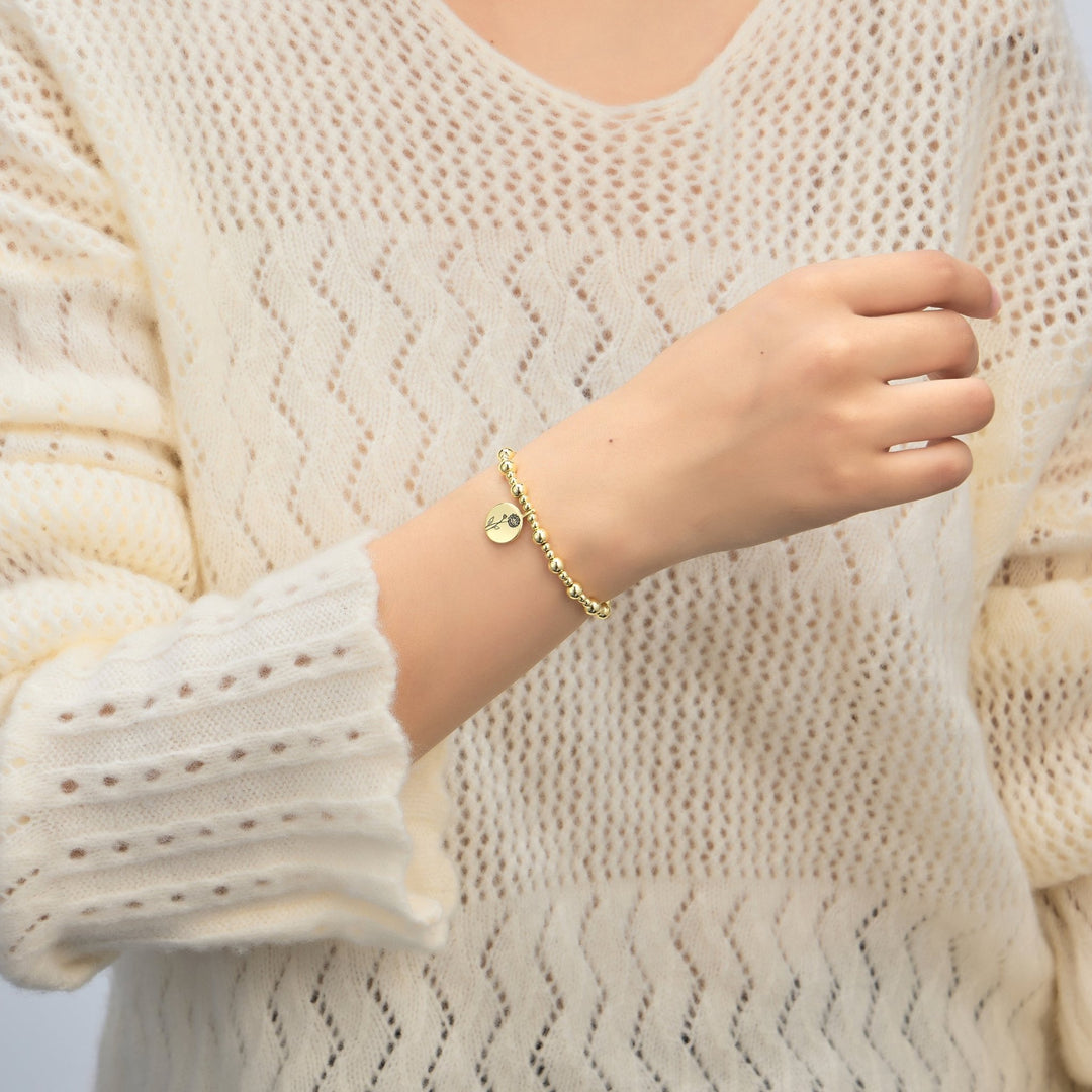 18k Gold Plated November Birth Flower Chrysanthemum Beaded Stretch Bracelet with Card