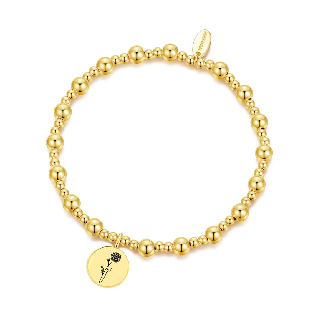 18k Gold Plated November Birth Flower Chrysanthemum Beaded Stretch Bracelet with Card