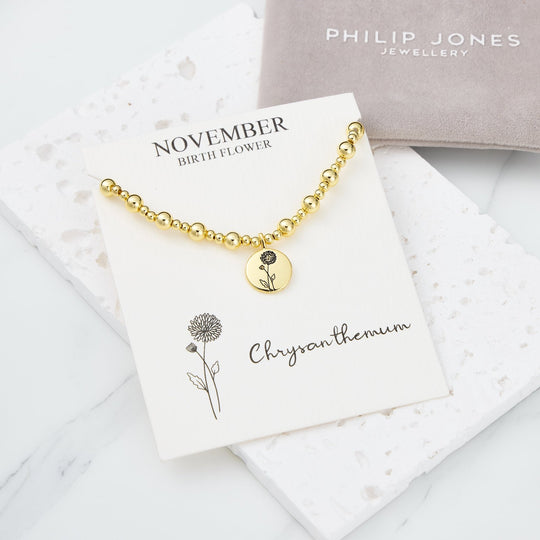 18k Gold Plated November Birth Flower Chrysanthemum Beaded Stretch Bracelet with Card