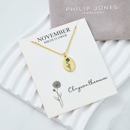 18k Gold Plated November Birth Flower Chrysanthemum Necklace with Card
