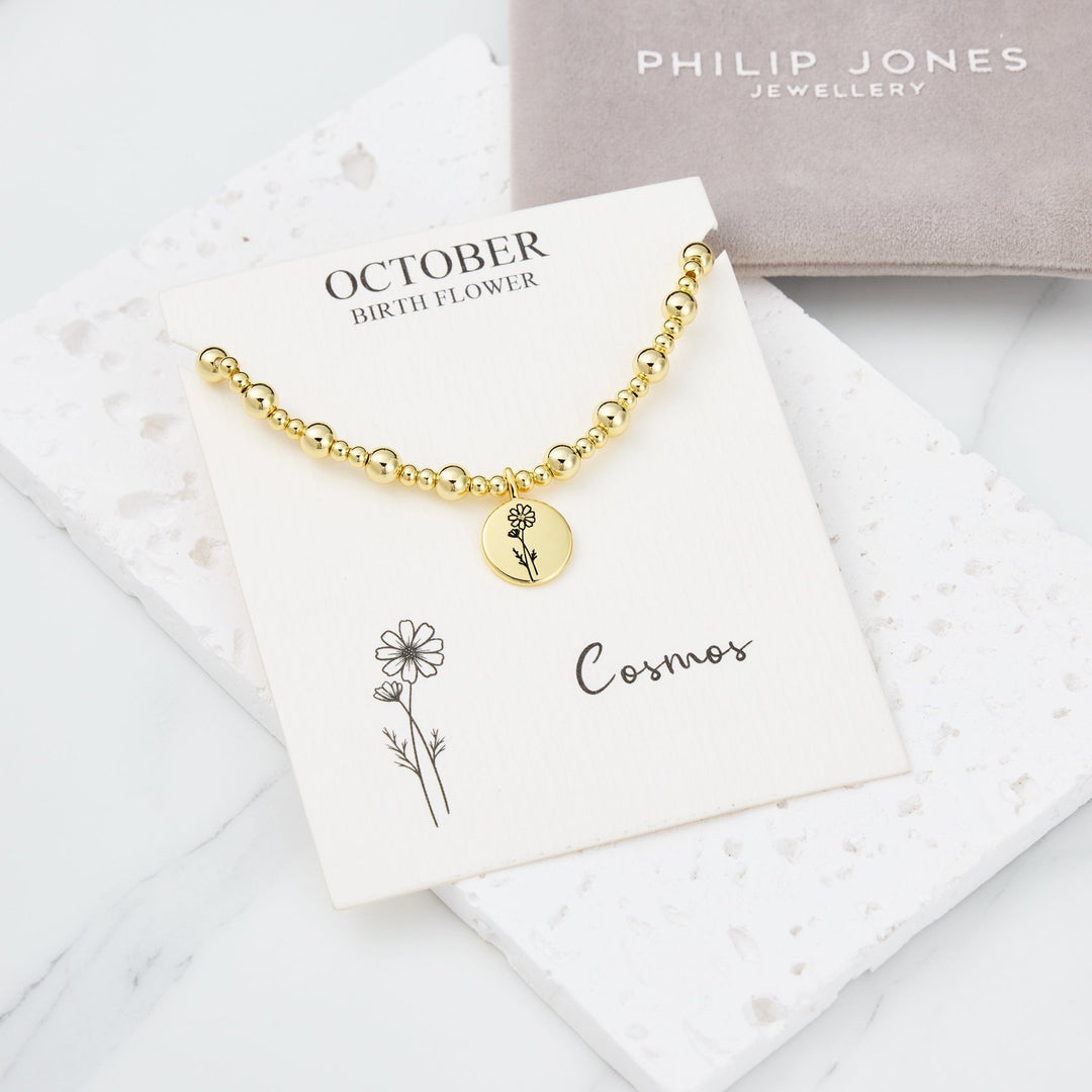 18k Gold Plated October Birth Flower Cosmos Beaded Stretch Bracelet with Card
