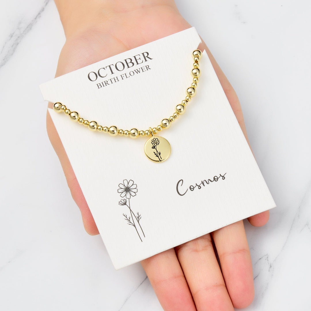 18k Gold Plated October Birth Flower Cosmos Beaded Stretch Bracelet with Card
