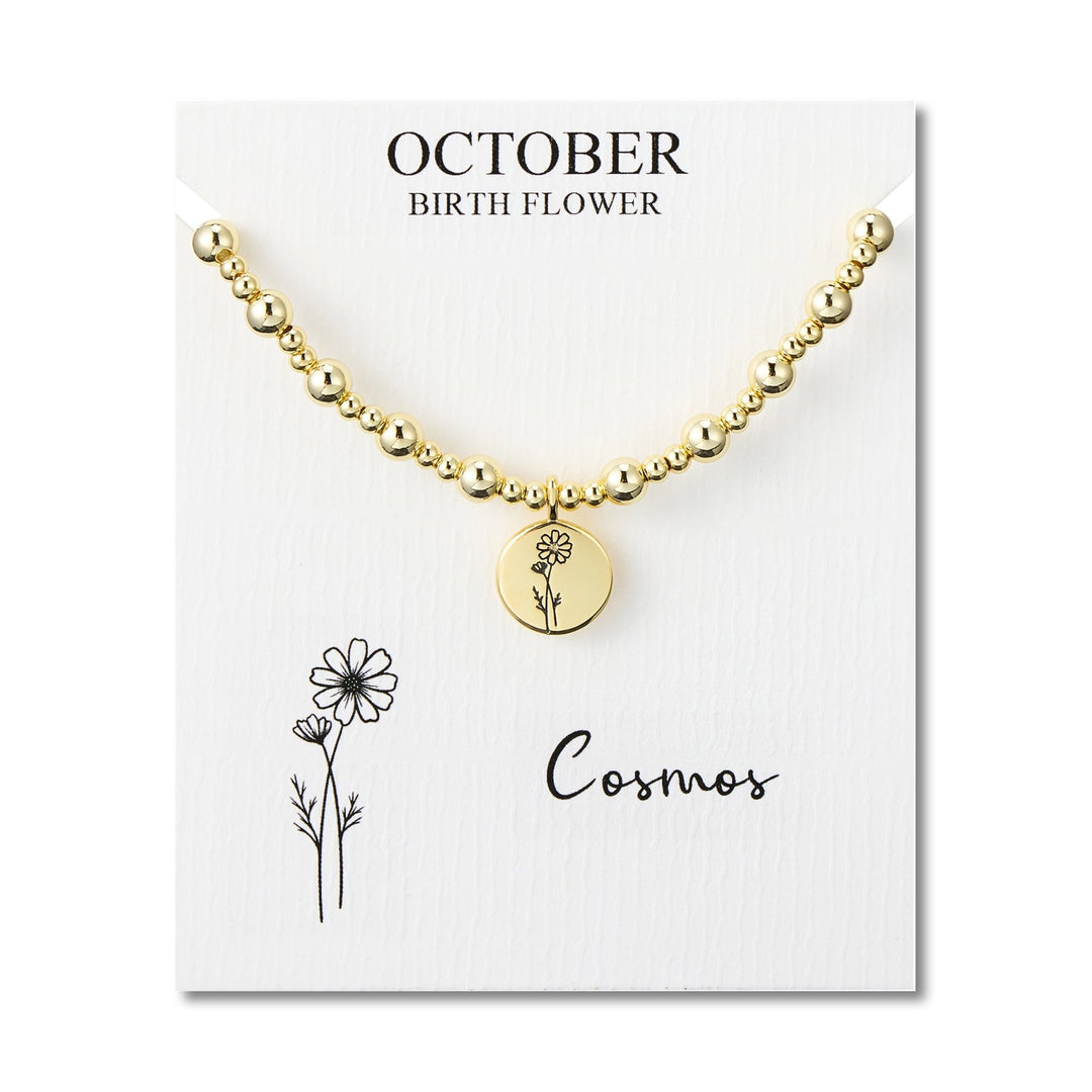 18k Gold Plated October Birth Flower Cosmos Beaded Stretch Bracelet with Card - Philip Jones