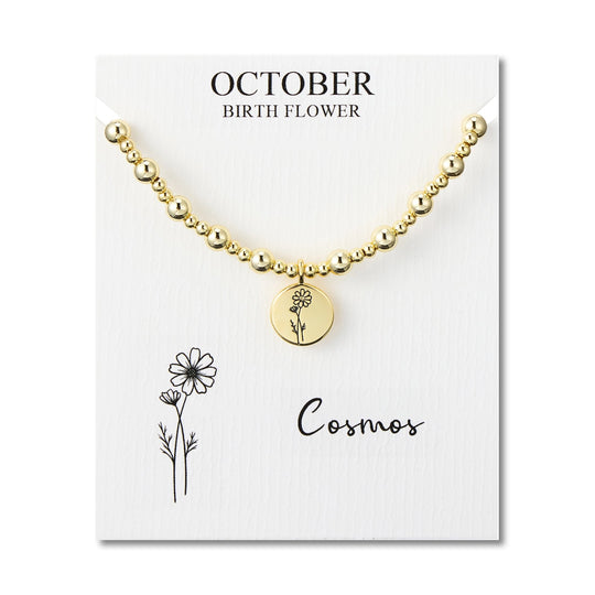 18k Gold Plated October Birth Flower Cosmos Beaded Stretch Bracelet with Card - Philip Jones