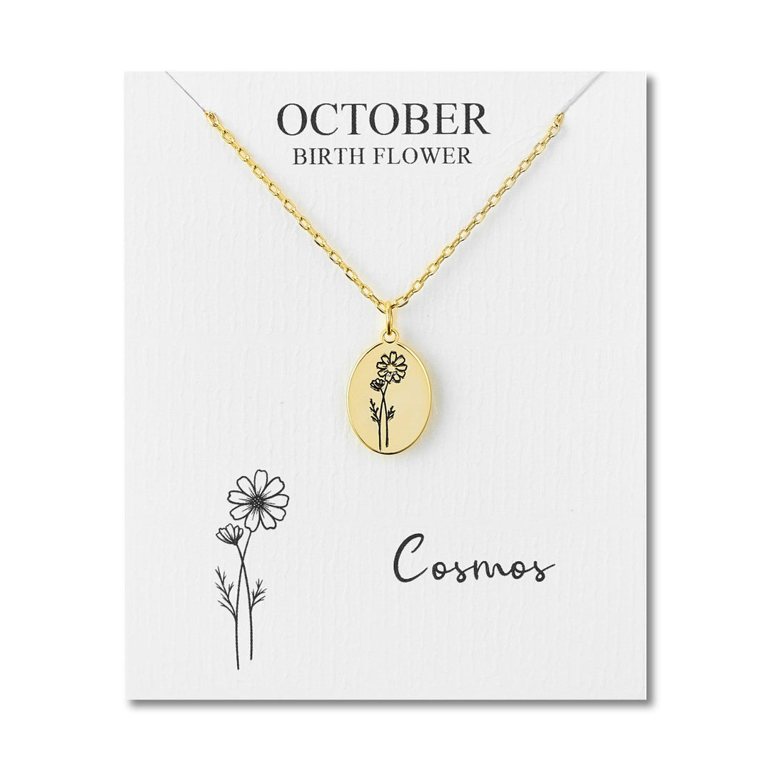 18k Gold Plated October Birth Flower Cosmos Necklace with Card - Philip Jones