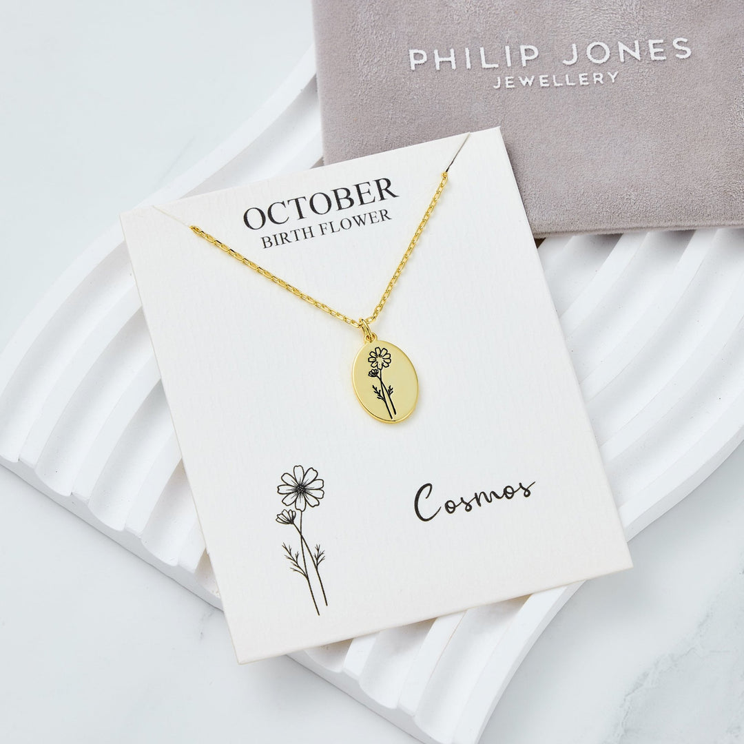 18k Gold Plated October Birth Flower Cosmos Necklace with Card