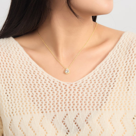 18k Gold Plated Pear Halo Necklace Created with Zircondia® Crystals - Philip Jones Jewellery