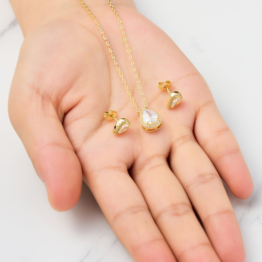 18k Gold Plated Pear Halo Set Created with Zircondia® Crystals