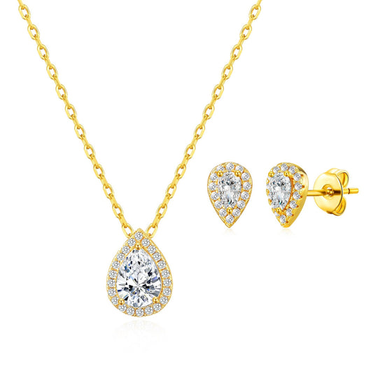 18k Gold Plated Pear Halo Set Created with Zircondia® Crystals - Philip Jones
