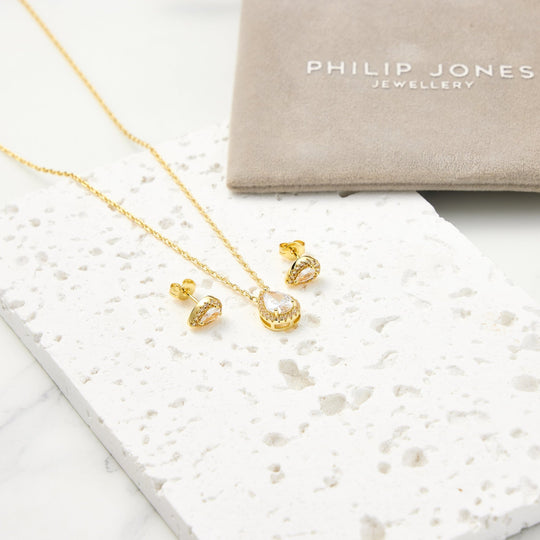 18k Gold Plated Pear Halo Set Created with Zircondia® Crystals